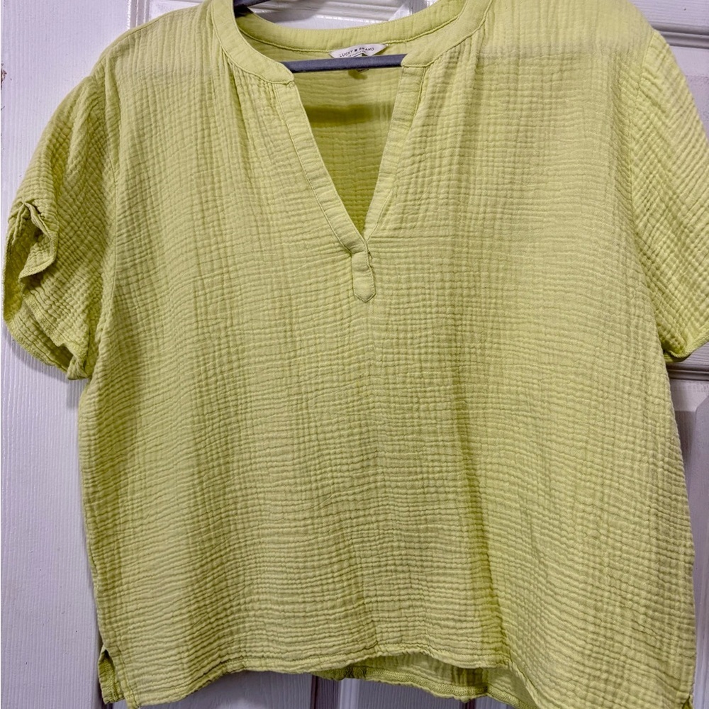 Lucky Brand Lime Yellow Short Sleeve V Neck Popover Woven Gauze Blouse Size L